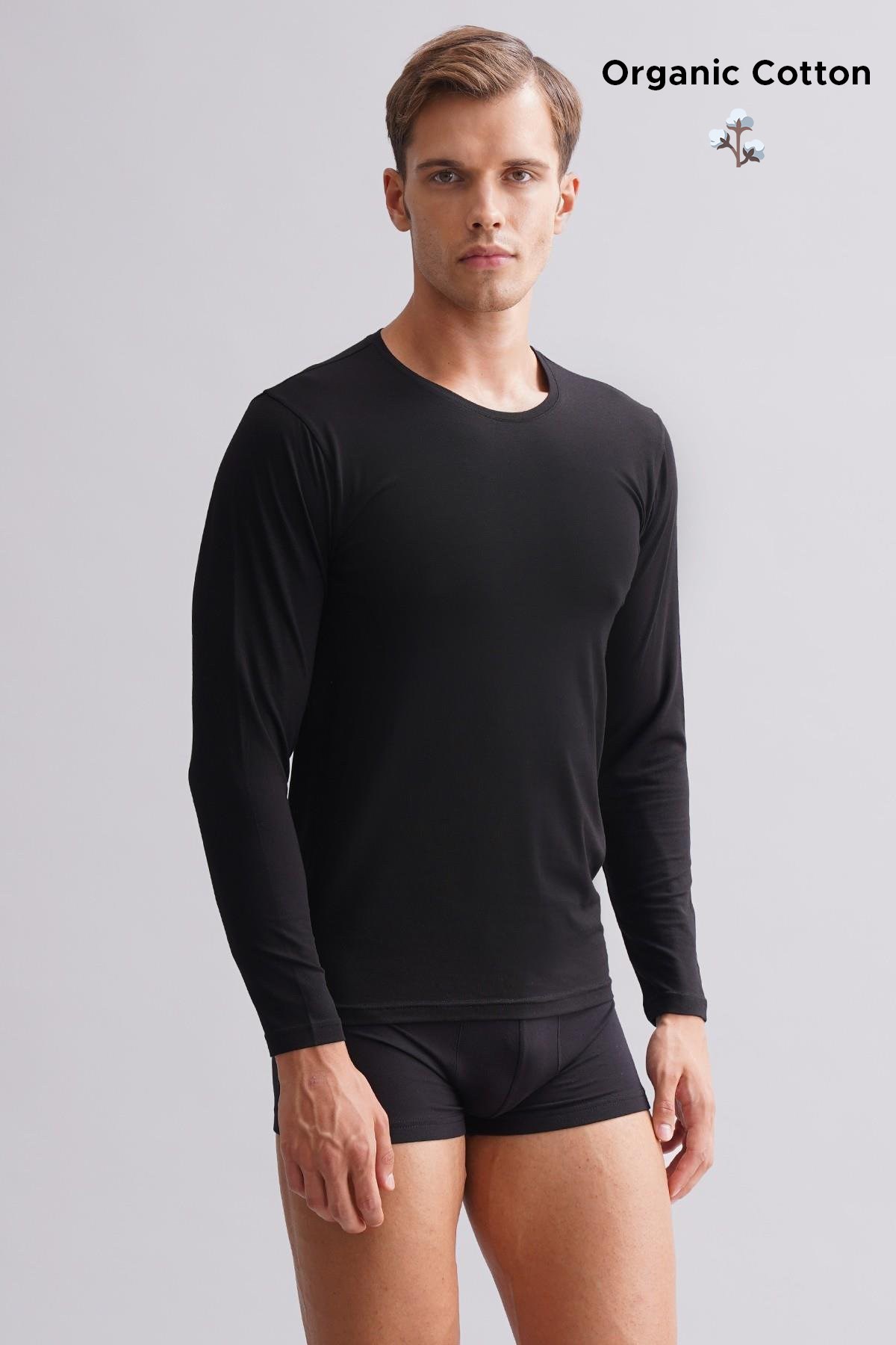 ORGANIC Pamuklu HERCULES Slim Fit Bisiklet Yaka Uzun Kollu Erkek Fanila Siyah