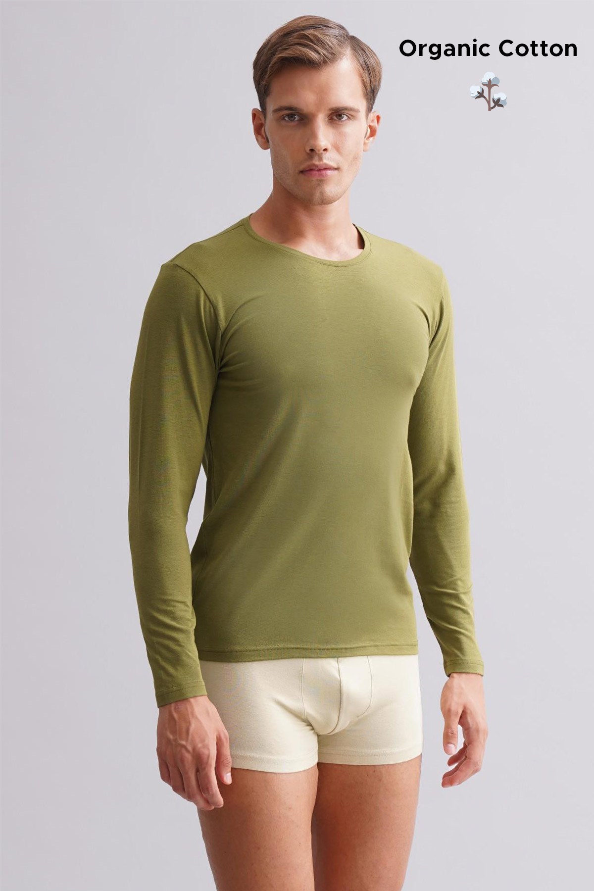 ORGANIC Pamuklu HERCULES Slim Fit Bisiklet Yaka Uzun Kollu Erkek Fanila Haki