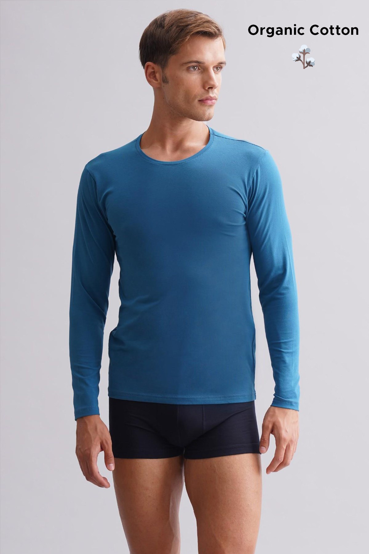 ORGANIC Pamuklu HERCULES Slim Fit Bisiklet Yaka Uzun Kollu Erkek Fanila Petrol Mavi