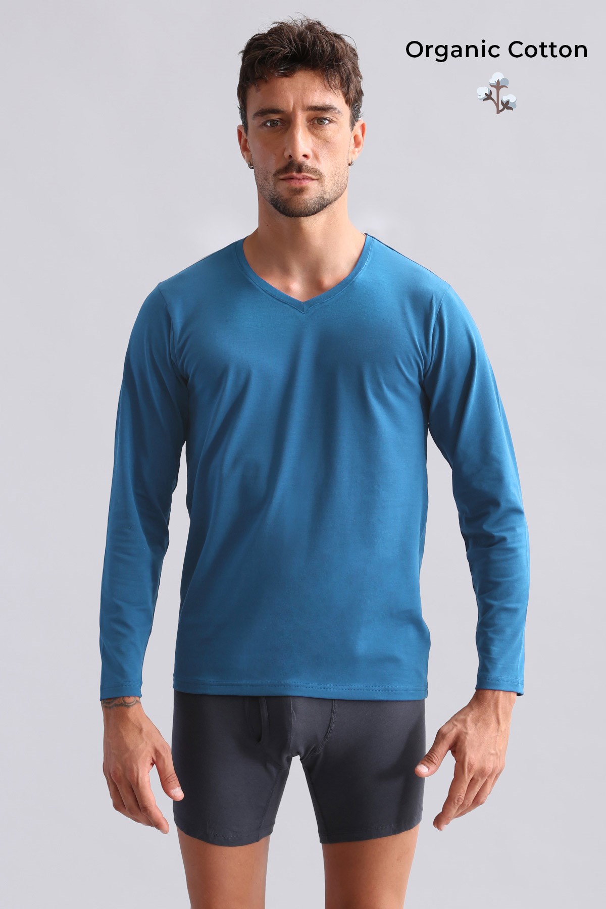 ORGANIC Pamuklu HERCULES Slim Fit V Yaka Uzun Kollu Erkek Fanila Petrol Mavi
