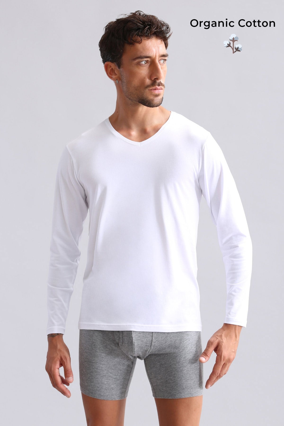ORGANIC Pamuklu HERCULES Slim Fit V Yaka Uzun Kollu Erkek Fanila Beyaz