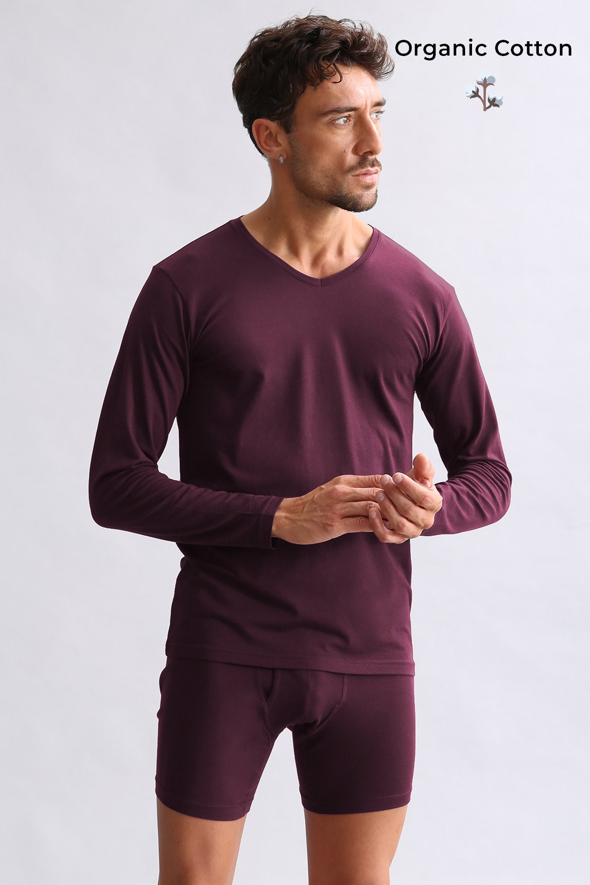 ORGANIC Pamuklu HERCULES Slim Fit V Yaka Uzun Kollu Erkek Fanila Mor