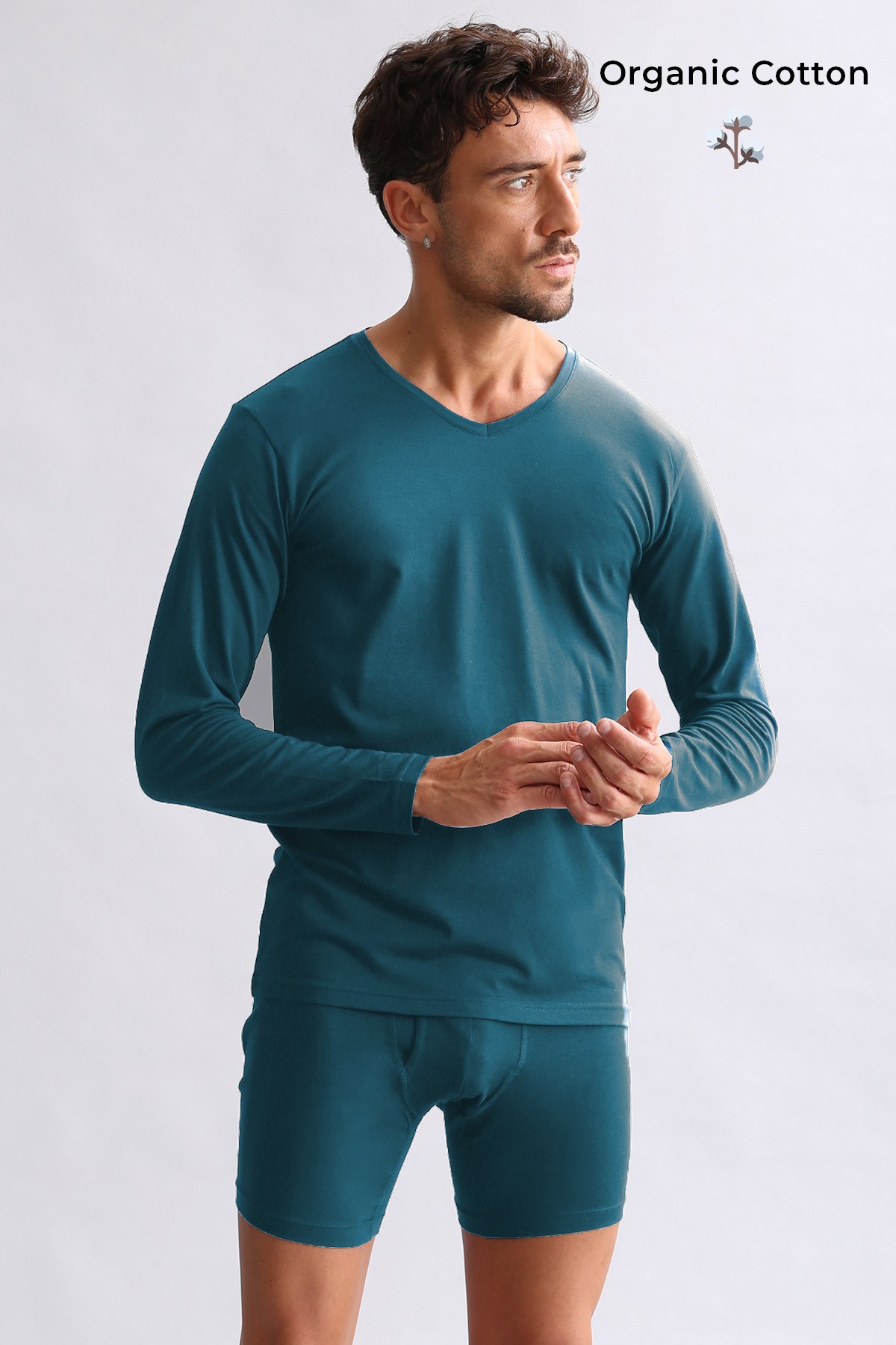 ORGANIC Pamuklu HERCULES Slim Fit V Yaka Uzun Kollu Erkek Fanila Fit Green
