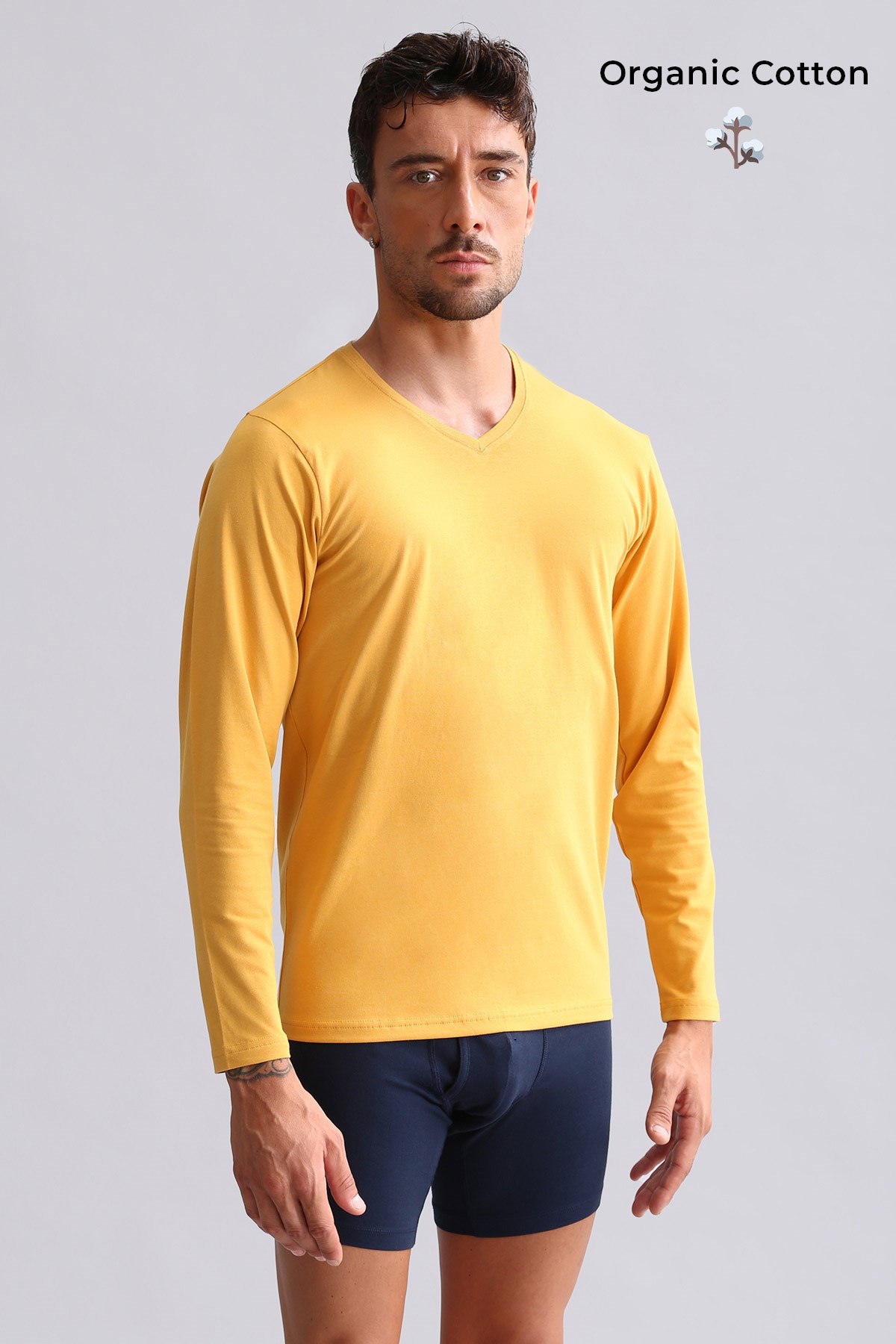 ORGANIC Pamuklu HERCULES Slim Fit V Yaka Uzun Kollu Erkek Fanila Hardal
