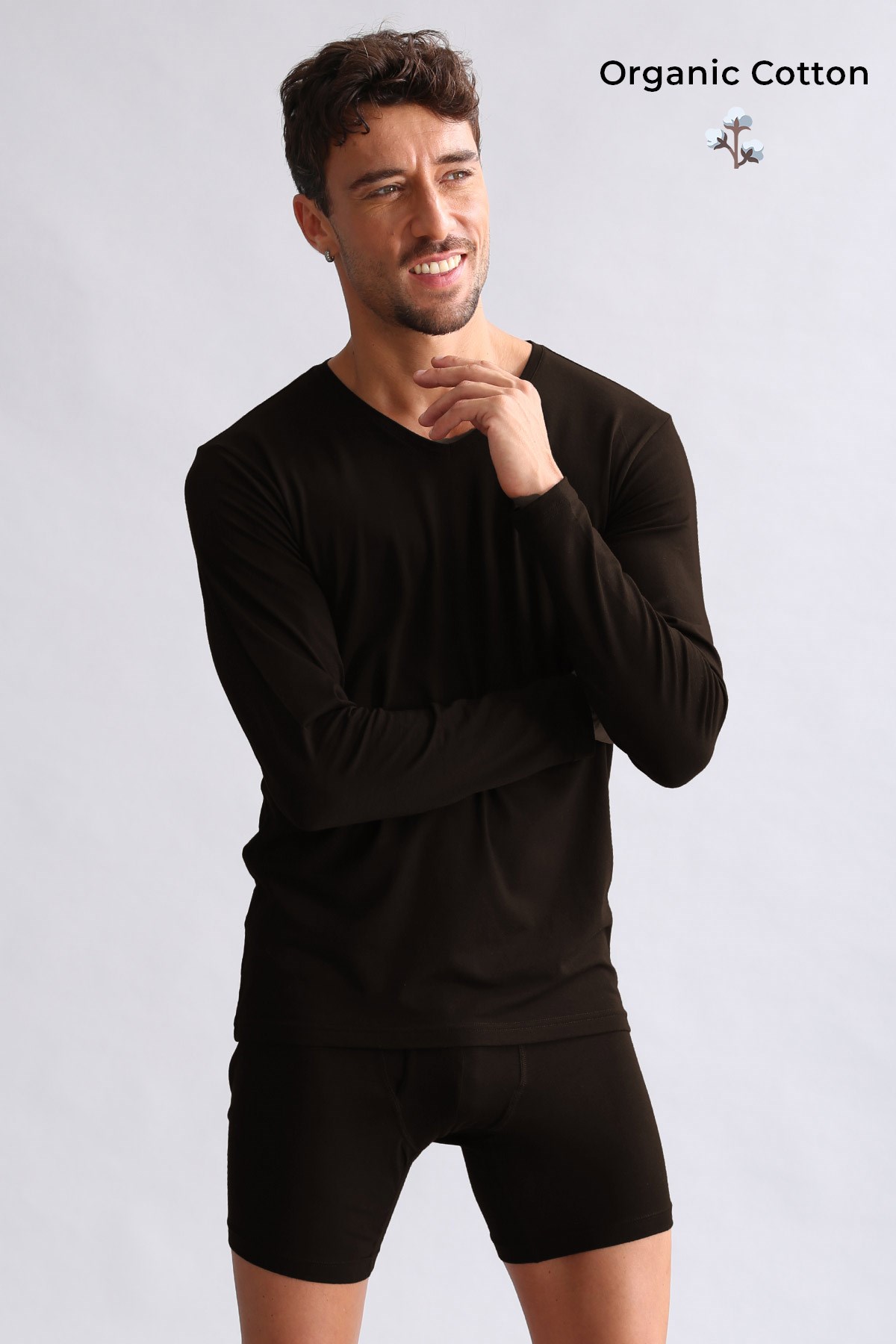 ORGANIC Pamuklu HERCULES Slim Fit V Yaka Uzun Kollu Erkek Fanila Kahverengi