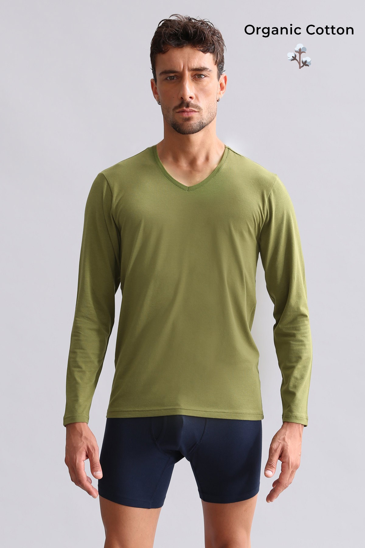 ORGANIC Pamuklu HERCULES Slim Fit V Yaka Uzun Kollu Erkek Fanila Haki