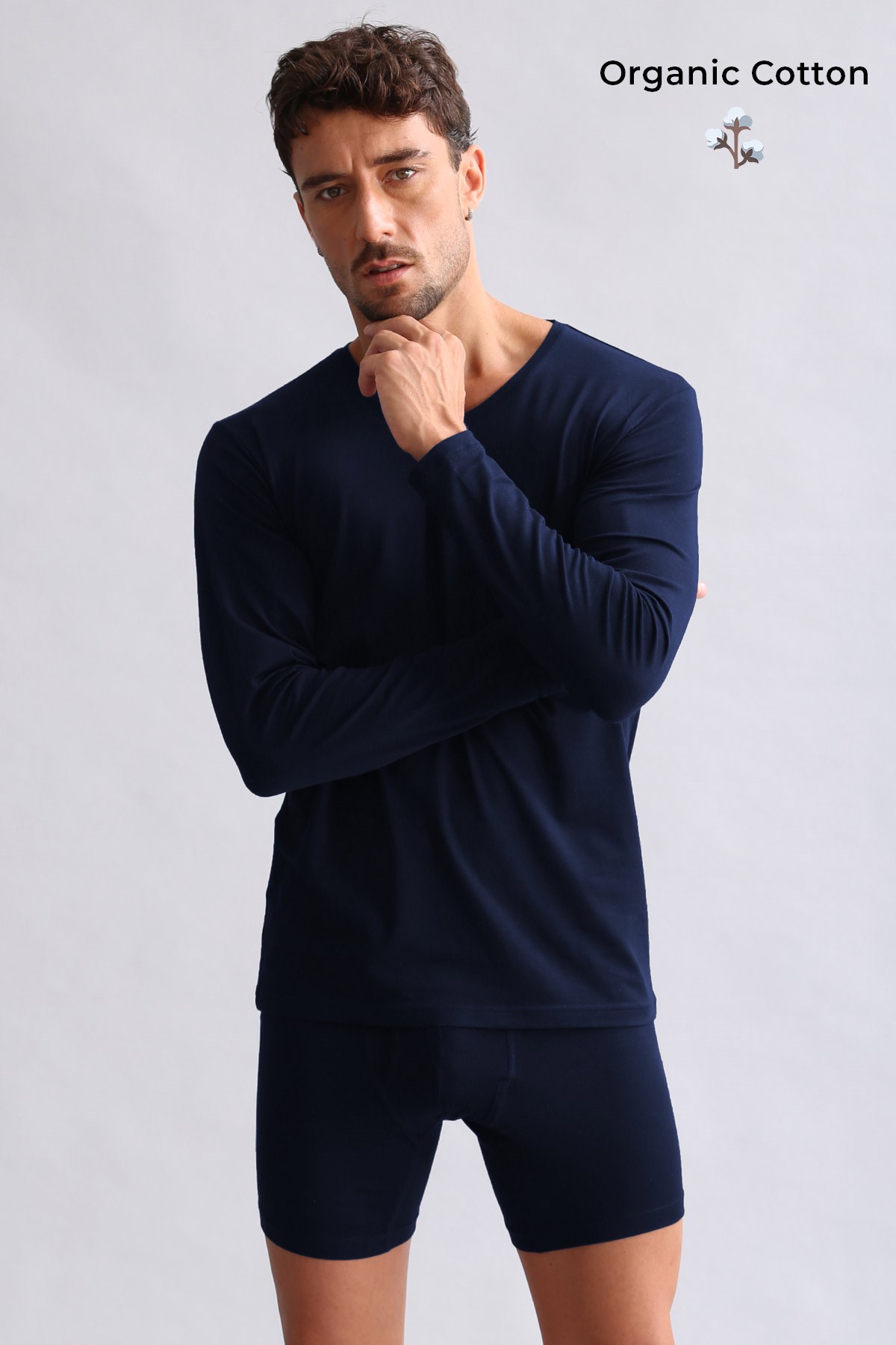 ORGANIC Pamuklu HERCULES Slim Fit V Yaka Uzun Kollu Erkek Fanila Lacivert