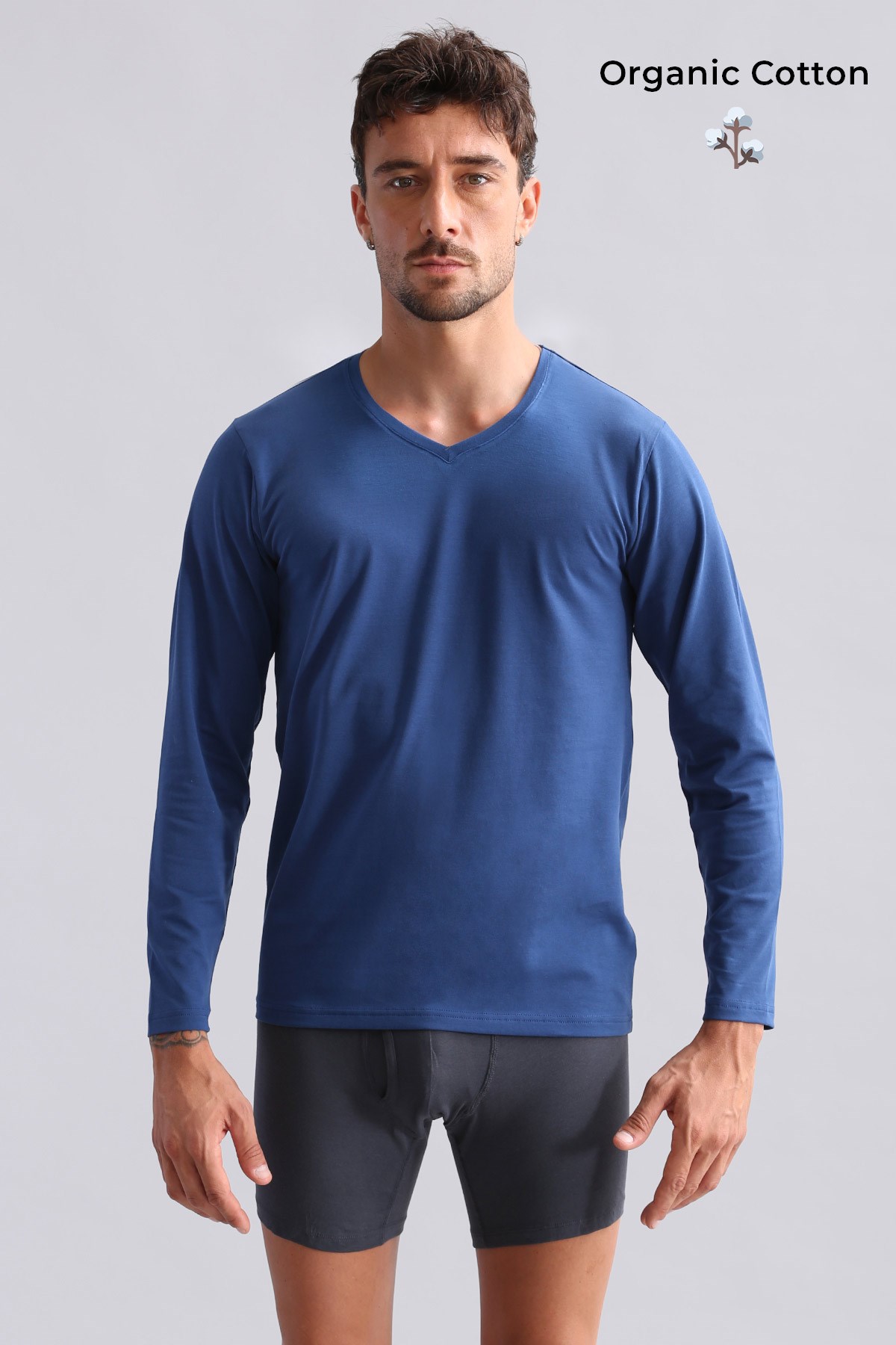 ORGANIC Pamuklu HERCULES Slim Fit V Yaka Uzun Kollu Erkek Fanila Gece Mavisi