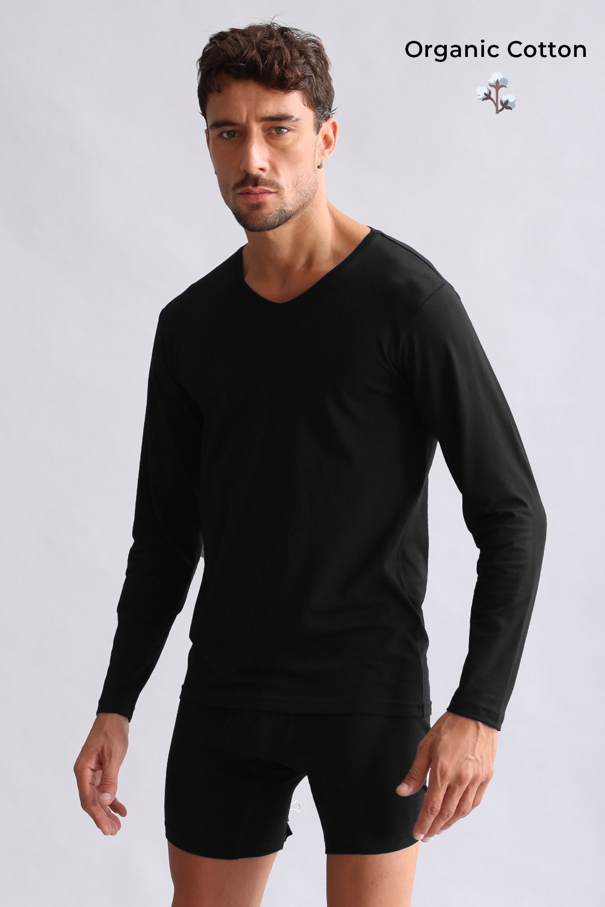 ORGANIC Pamuklu HERCULES Slim Fit V Yaka Uzun Kollu Erkek Fanila Siyah