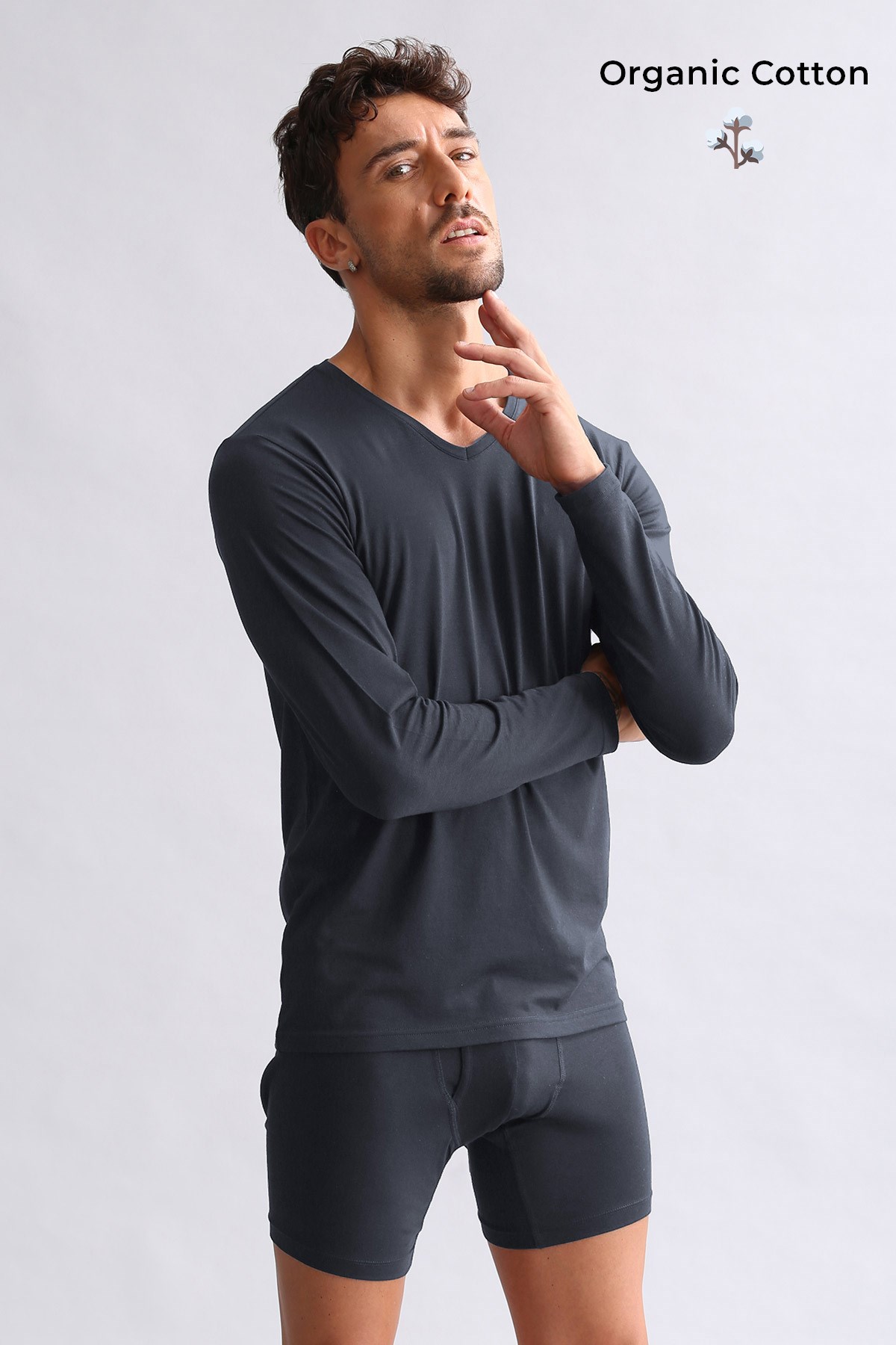 ORGANIC Pamuklu HERCULES Slim Fit V Yaka Uzun Kollu Erkek Fanila Antrasit