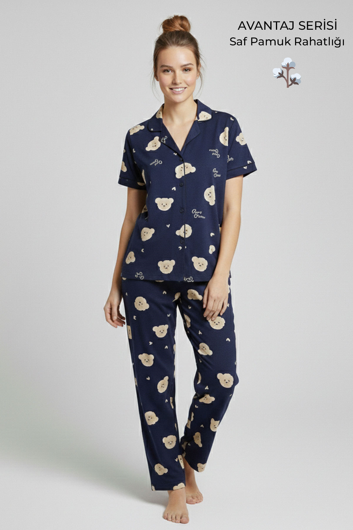 Pamuklu Kısa Kollu Gömlek Pantolon Pijama Takım Lacivert