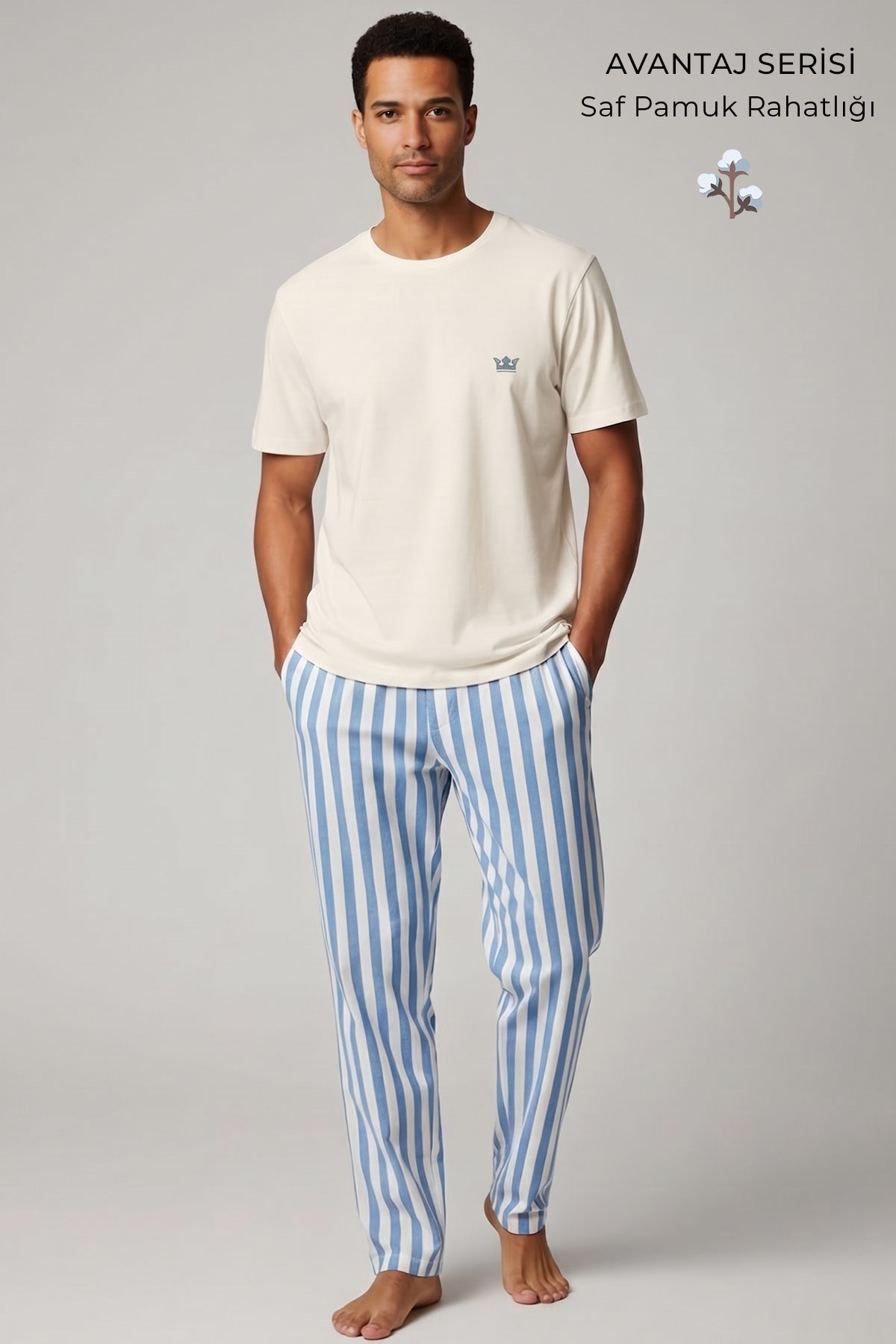 Pamuklu Kısa Kollu Pijama Takım Beyaz-Mavi