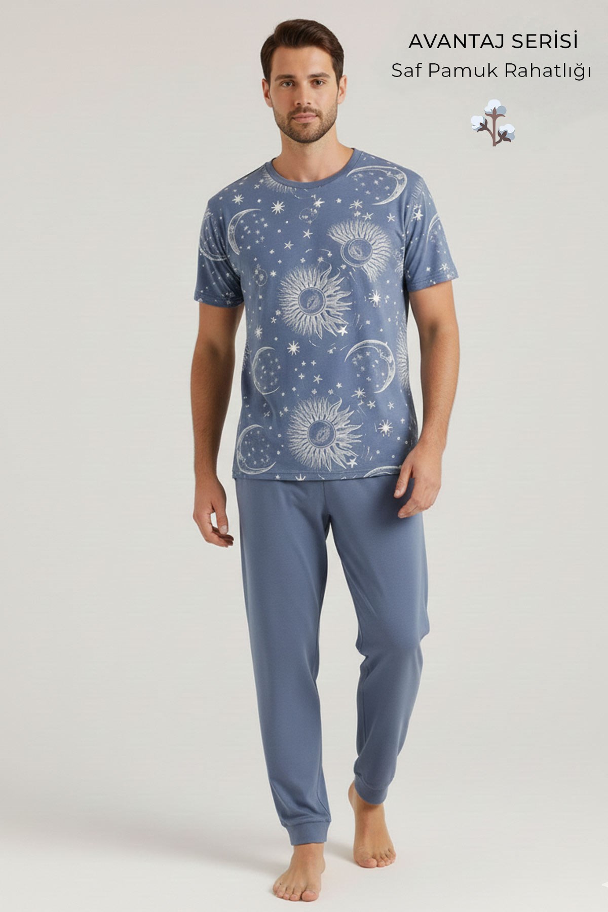 Pamuklu Kısa Kollu Pijama Takım İndigo
