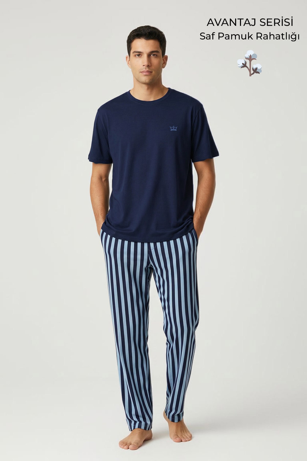 Pamuklu Kısa Kollu Pijama Takım Lacivert