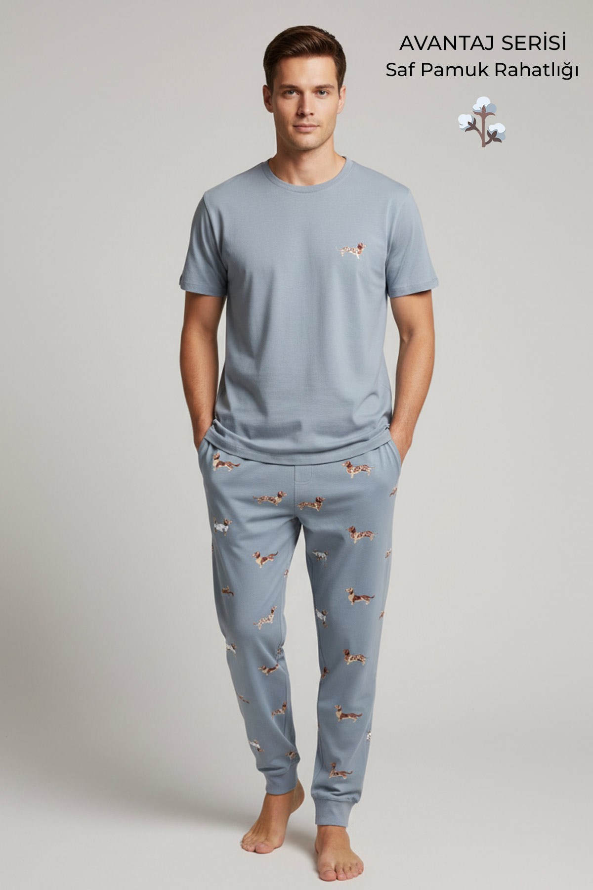 Pamuklu Kısa Kollu Pijama Takım Mavi
