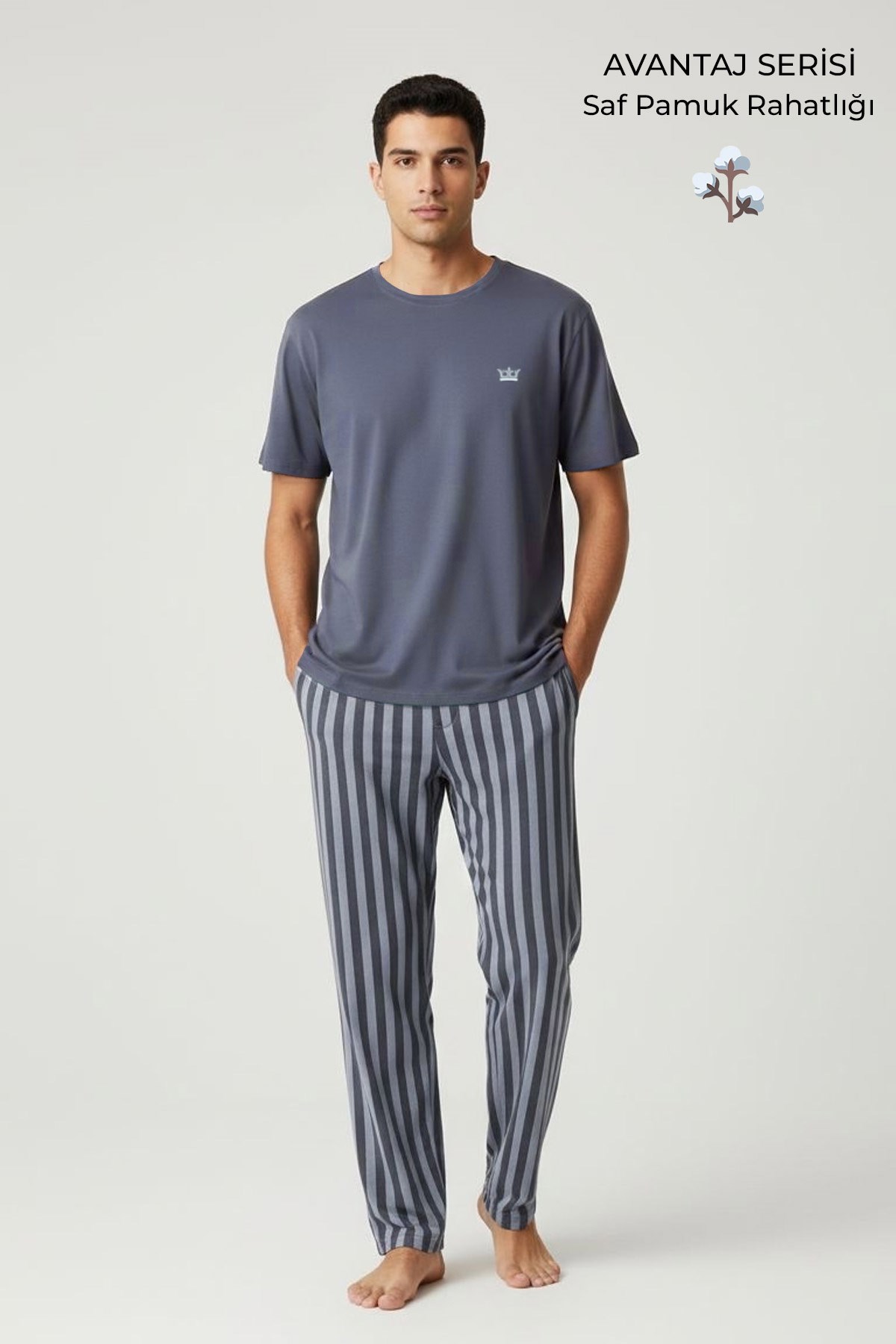 Pamuklu Kısa Kollu Pijama Takım Mavi-Lacivert