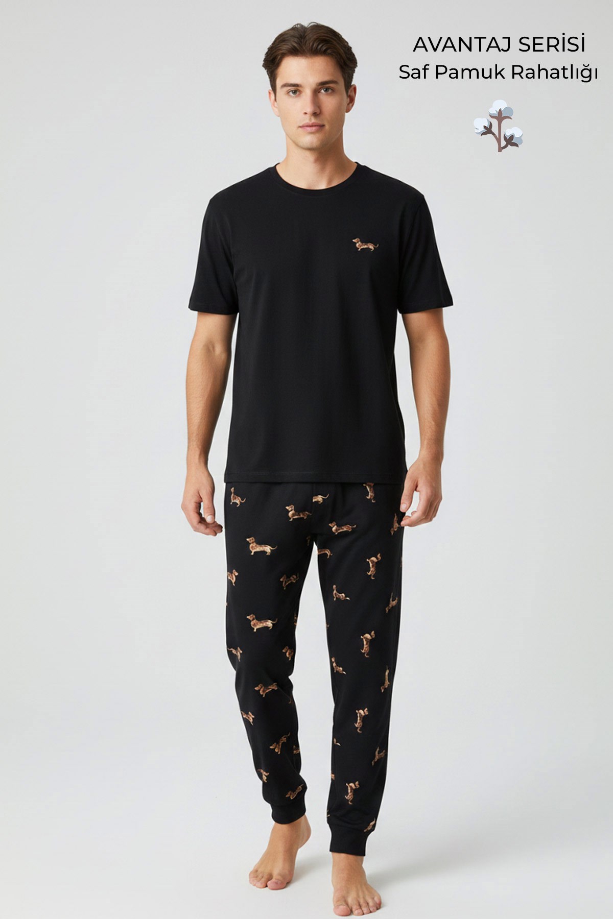 Pamuklu Kısa Kollu Pijama Takım Siyah