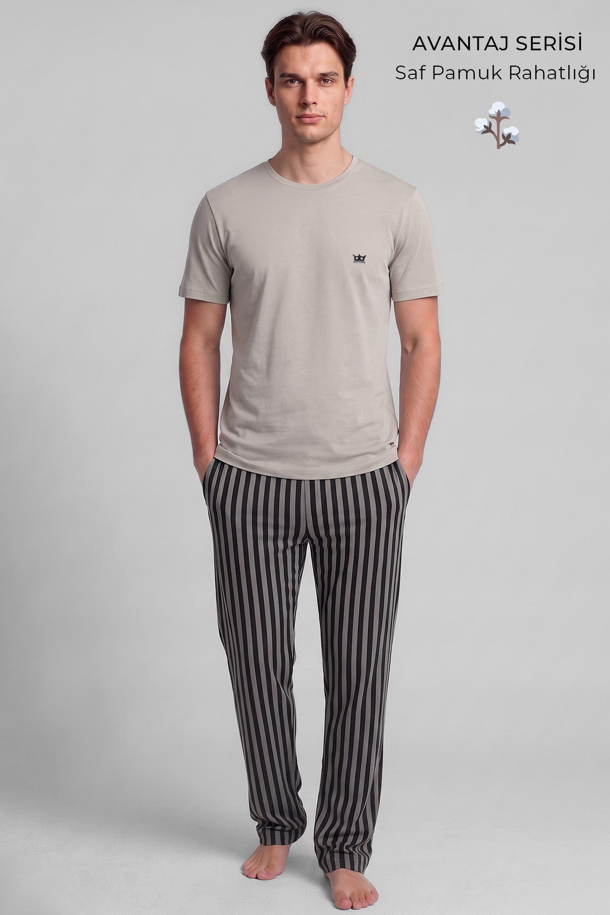Pamuklu Kısa Kollu Pijama Takım Taş-Siyah Çizgili