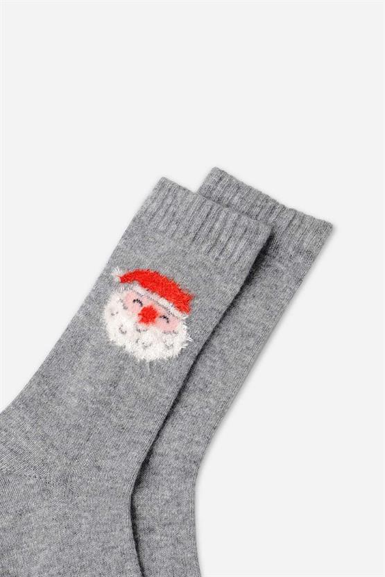 Aytuğ Kadın Kuzu Yünü (Lambswool) Tekli Yılbaşı Temalı Çorap Gri