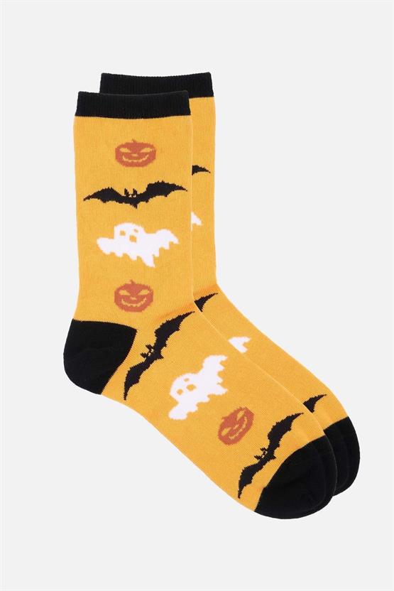 Aytuğ Kadın Pamuklu Halloween Temalı Soket Çorap Sarı