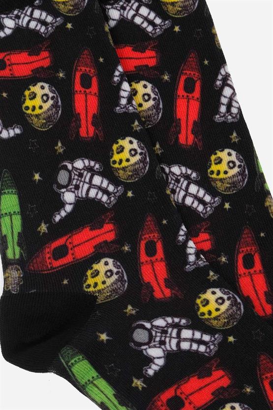 Aytuğ Unisex Pamuklu Astronot Desenli Eğlenceli Soket Çorabı Astronot Desenli