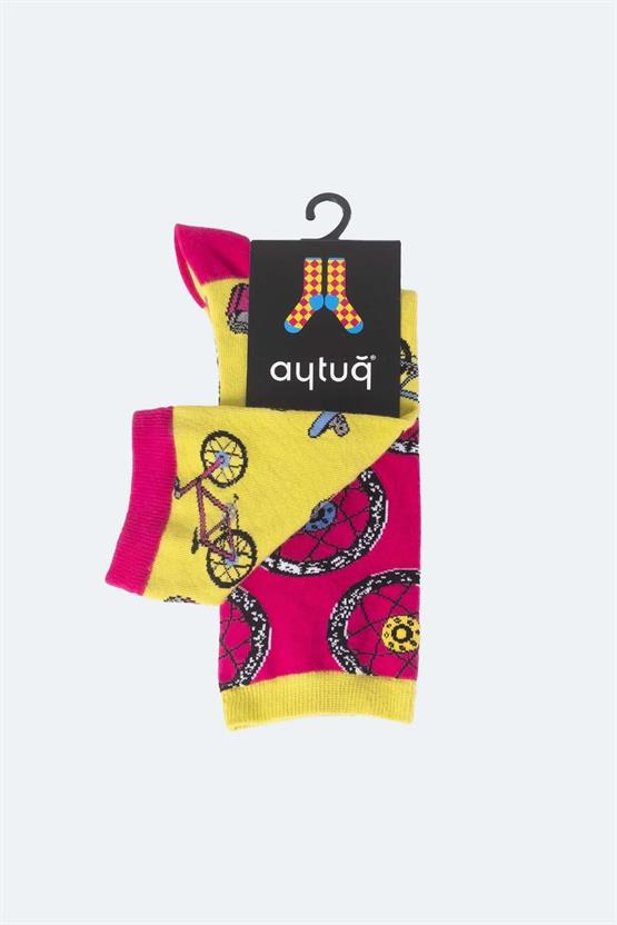 Aytuğ Unisex Pamuklu Tekli Bisiklet Desenli Eğlenceli Soket Çorabı Bisiklet Desenli