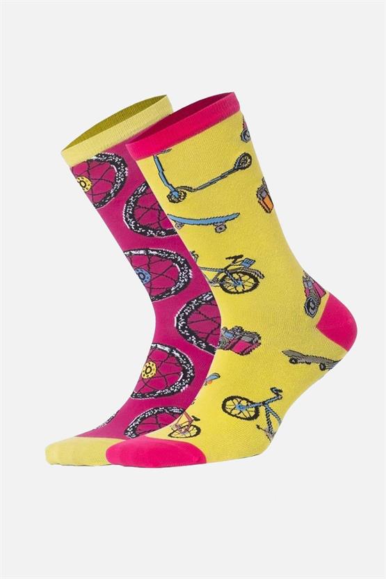 Aytuğ Unisex Pamuklu Tekli Bisiklet Desenli Eğlenceli Soket Çorabı Bisiklet Desenli