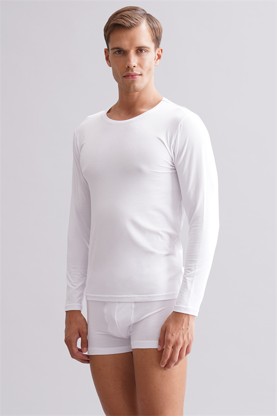 BAMBU HERCULES Slim Fit Bisiklet Yaka Uzun Kollu Erkek Fanila Beyaz