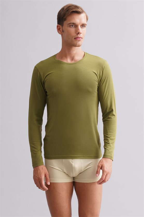 BAMBU HERCULES Slim Fit Bisiklet Yaka Uzun Kollu Erkek Fanila Haki