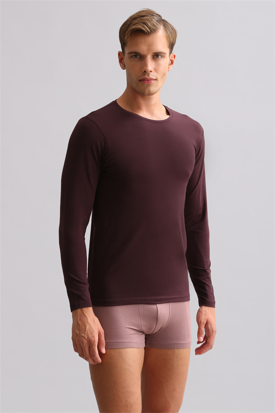 BAMBU HERCULES Slim Fit Bisiklet Yaka Uzun Kollu Erkek Fanila Mor