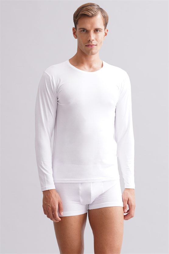 BAMBU HERCULES Slim Fit Bisiklet Yaka Uzun Kollu Erkek Fanila Beyaz