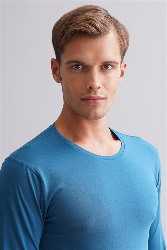 BAMBU HERCULES Slim Fit Bisiklet Yaka Uzun Kollu Erkek Fanila Petrol Mavi