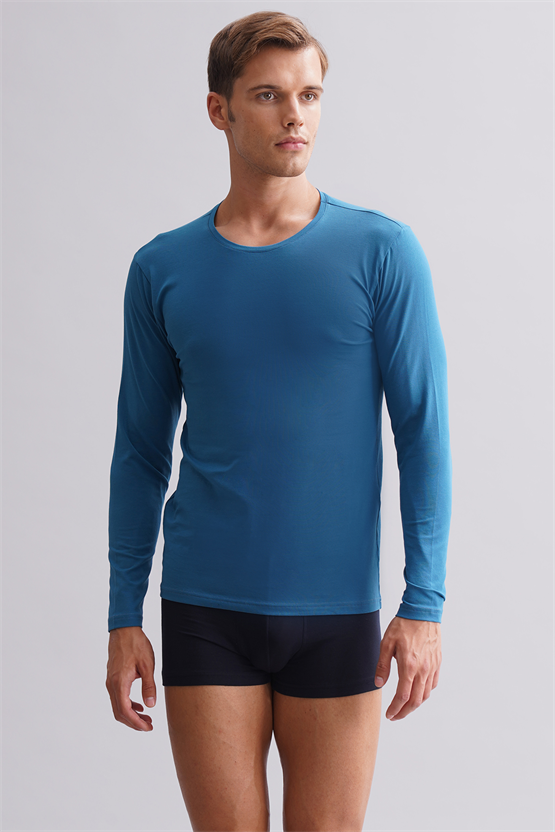 BAMBU HERCULES Slim Fit Bisiklet Yaka Uzun Kollu Erkek Fanila Petrol Mavi