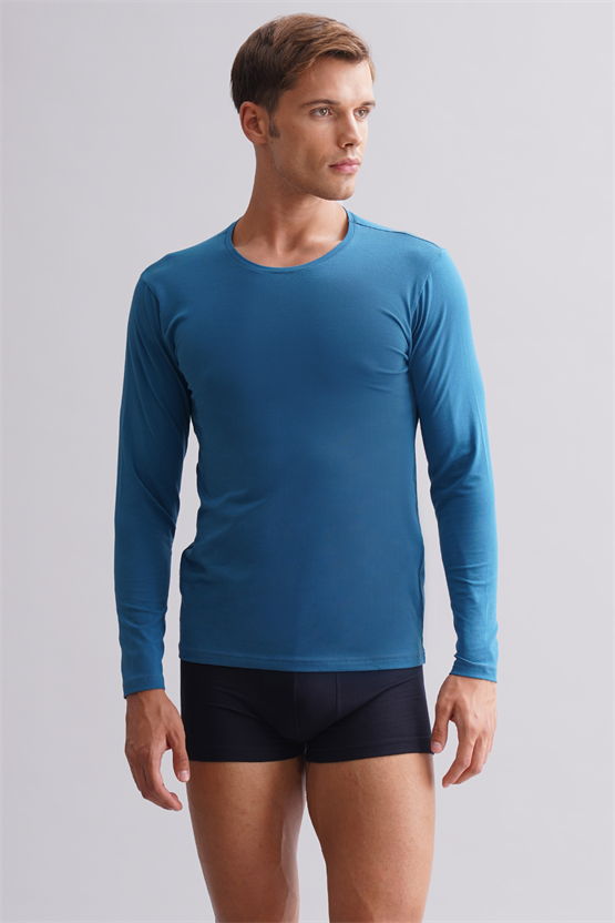 BAMBU HERCULES Slim Fit Bisiklet Yaka Uzun Kollu Erkek Fanila Petrol Mavi