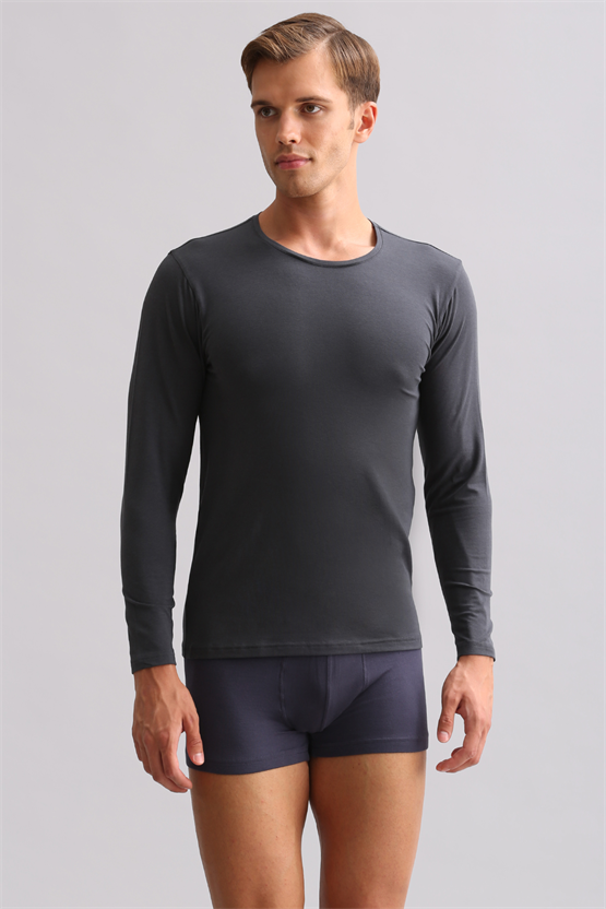 BAMBU HERCULES Slim Fit Bisiklet Yaka Uzun Kollu Erkek Fanila Antrasit