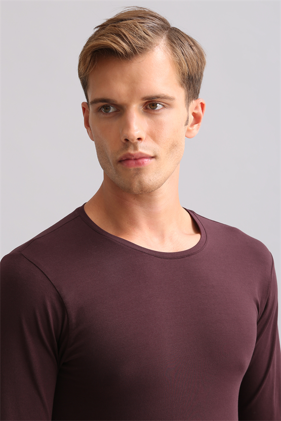 BAMBU HERCULES Slim Fit Bisiklet Yaka Uzun Kollu Erkek Fanila Mor