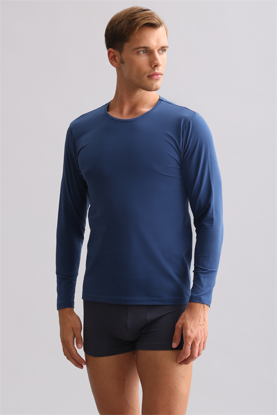 BAMBU HERCULES Slim Fit Bisiklet Yaka Uzun Kollu Erkek Fanila Gece Mavisi