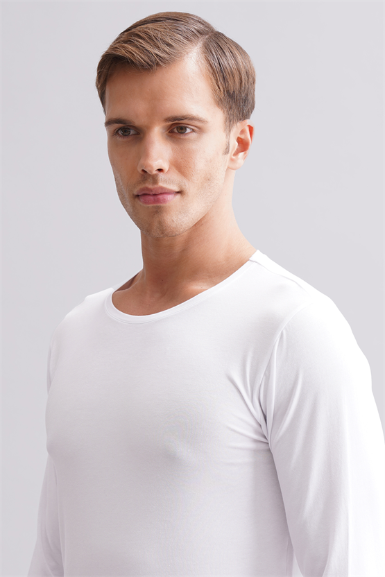 BAMBU HERCULES Slim Fit Bisiklet Yaka Uzun Kollu Erkek Fanila Beyaz