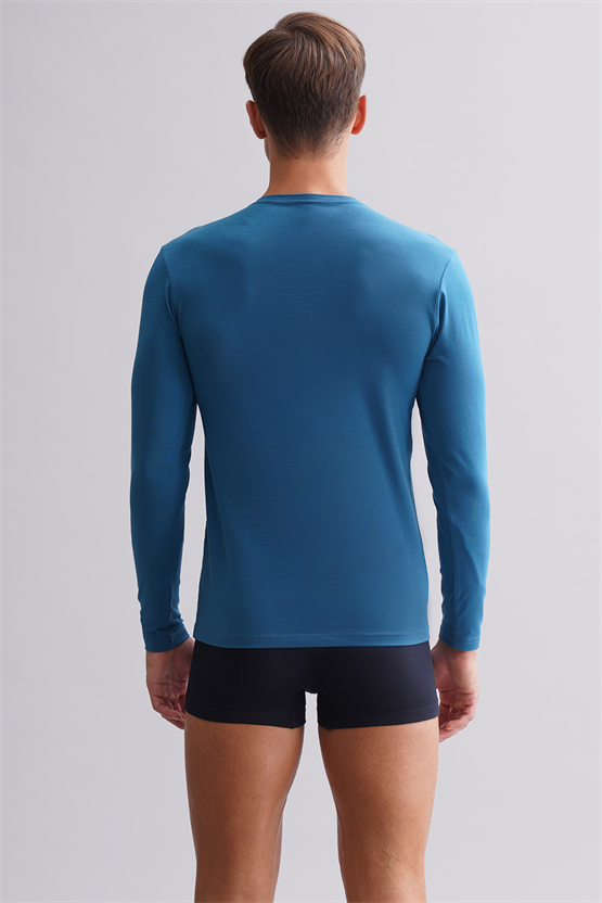 BAMBU HERCULES Slim Fit Bisiklet Yaka Uzun Kollu Erkek Fanila Petrol Mavi