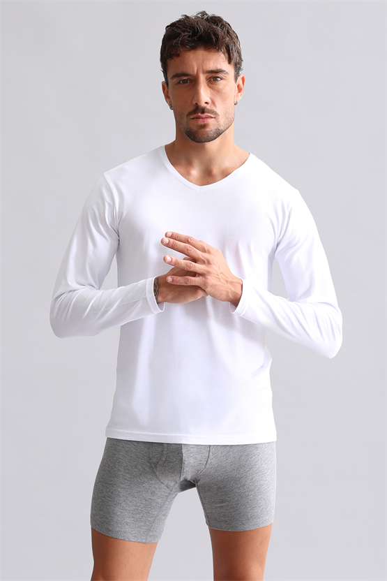 BAMBU HERCULES Slim Fit V Yaka Uzun Kollu Erkek  Fanila Beyaz
