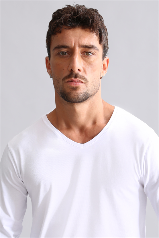 BAMBU HERCULES Slim Fit V Yaka Uzun Kollu Erkek  Fanila Beyaz