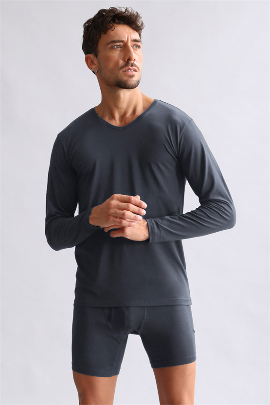 BAMBU HERCULES Slim Fit V Yaka Uzun Kollu Erkek  Fanila Antrasit