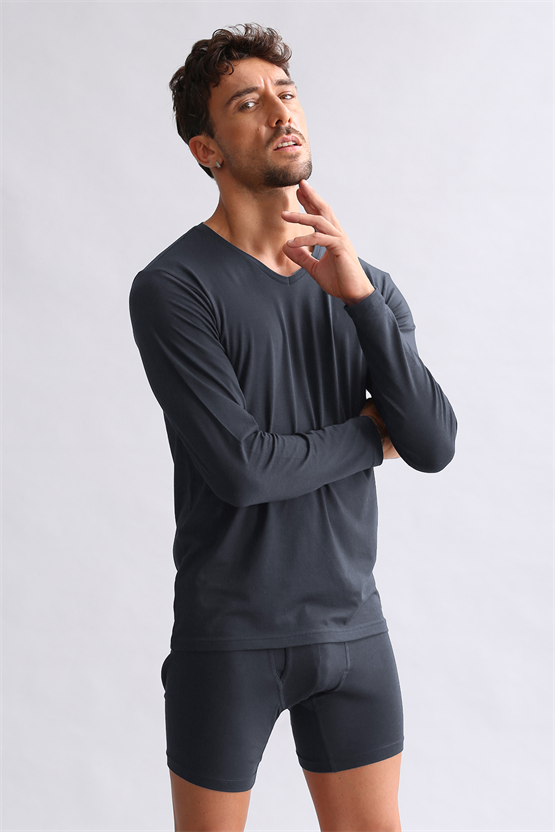 BAMBU HERCULES Slim Fit V Yaka Uzun Kollu Erkek  Fanila Antrasit