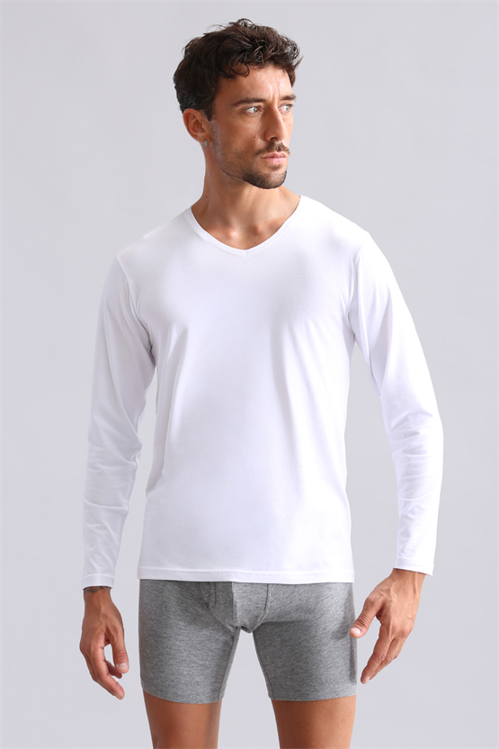 BAMBU HERCULES Slim Fit V Yaka Uzun Kollu Erkek  Fanila Beyaz