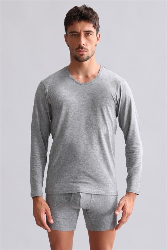 BAMBU HERCULES Slim Fit V Yaka Uzun Kollu Erkek  Fanila Gri Melanj