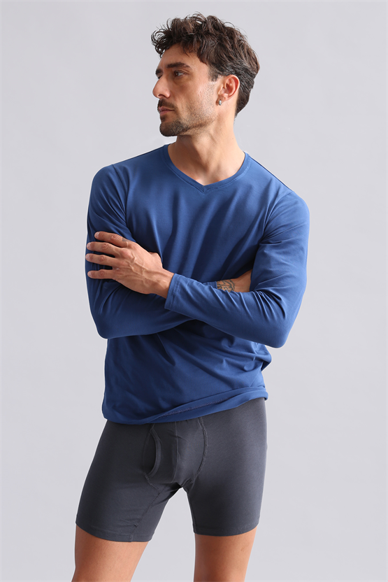 BAMBU HERCULES Slim Fit V Yaka Uzun Kollu Erkek  Fanila Gece Mavisi