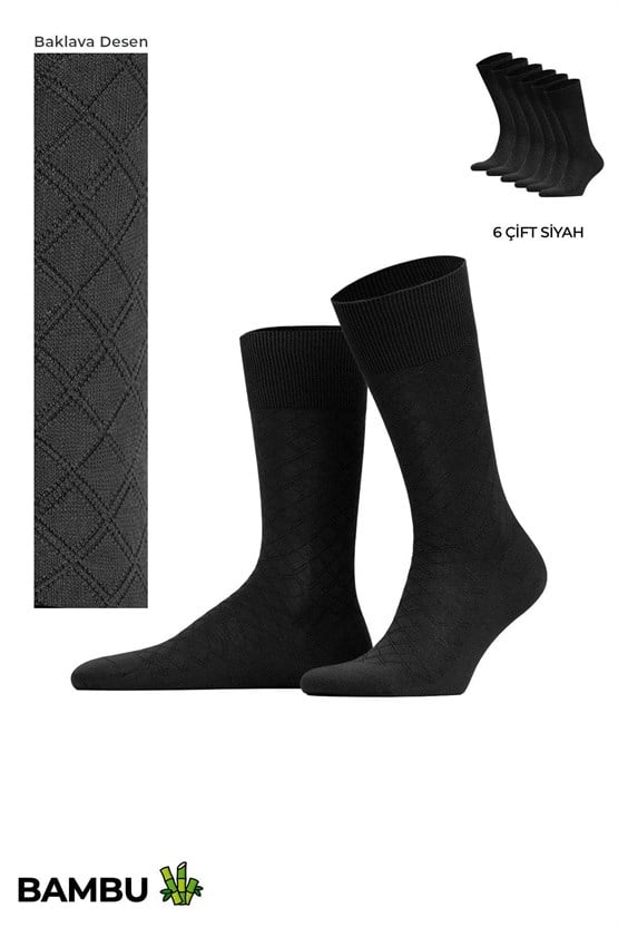 Erkek Bambu 6 Çift Baklava Desenli Süper İnce  Soket Çorap Siyah