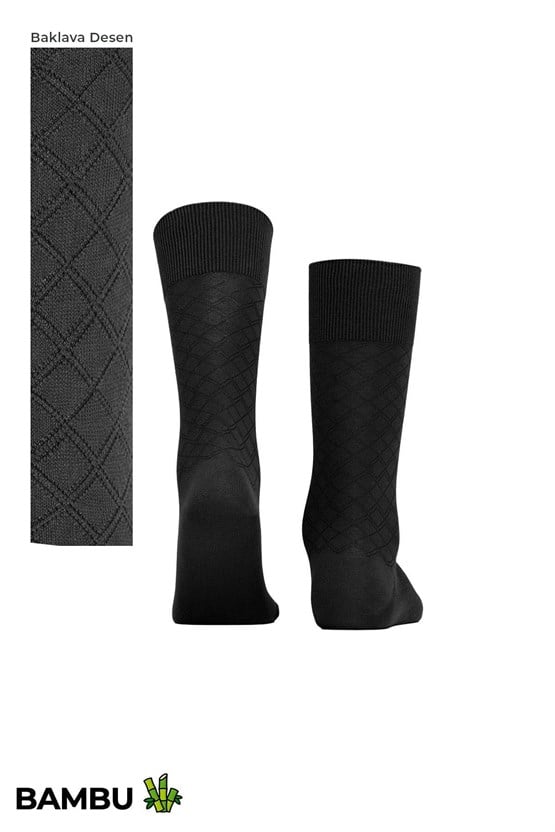 Erkek Bambu 6 Çift Baklava Desenli Süper İnce  Soket Çorap Siyah