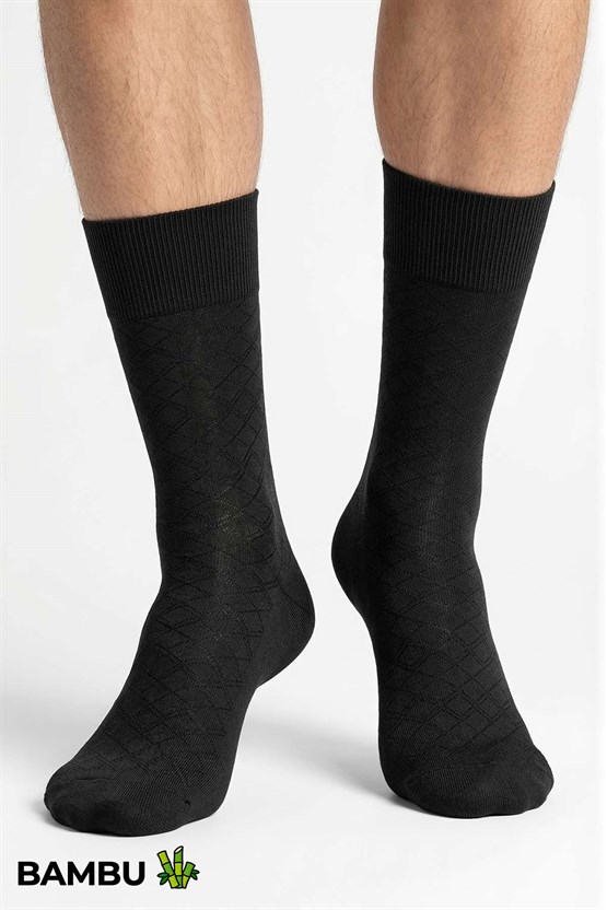 Erkek Bambu 6 Çift Baklava Desenli Süper İnce  Soket Çorap Siyah