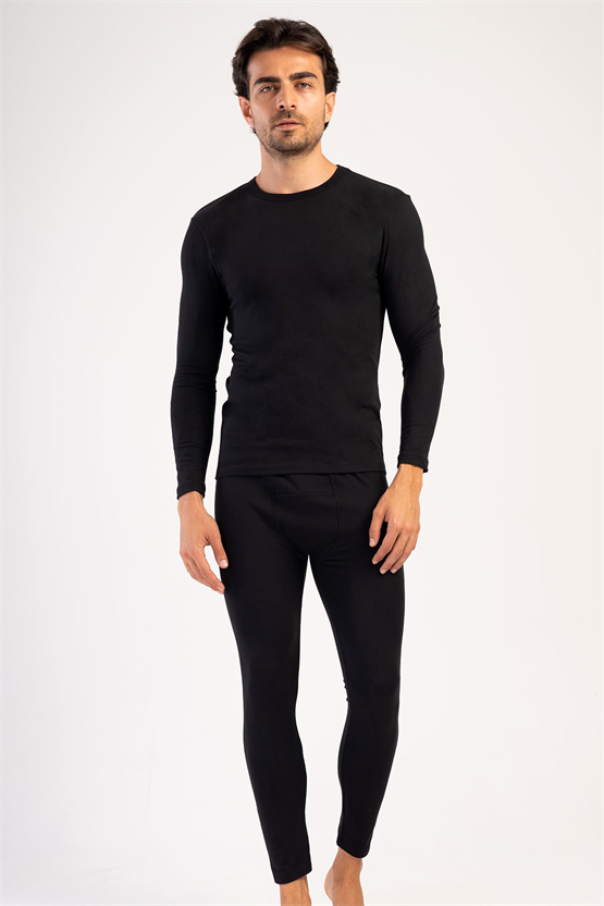 Erkek Bisiklet Yaka Uzun Kollu İçlik Takımı Siyah
